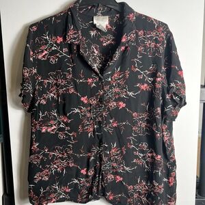 Vintage Kathie Lee Women Black Red‎ Floral Blouse Button Front SS Sz 26/28W